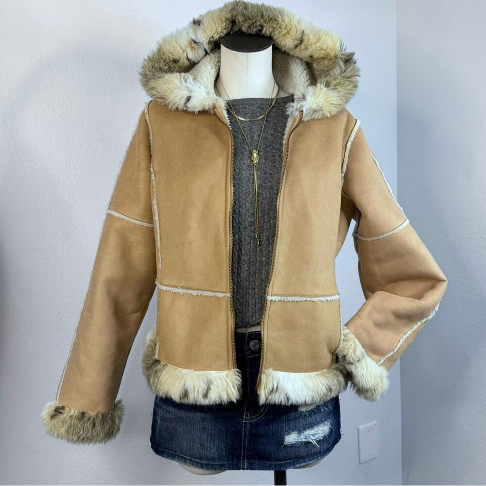 Y2K Faux Fur Trim Hood Faux Shearling Jacket Tan 00s Vintage Fall Winter